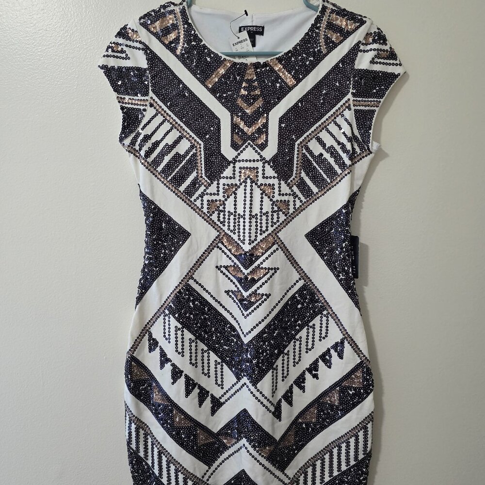 Express white, gold, and gray bodycon